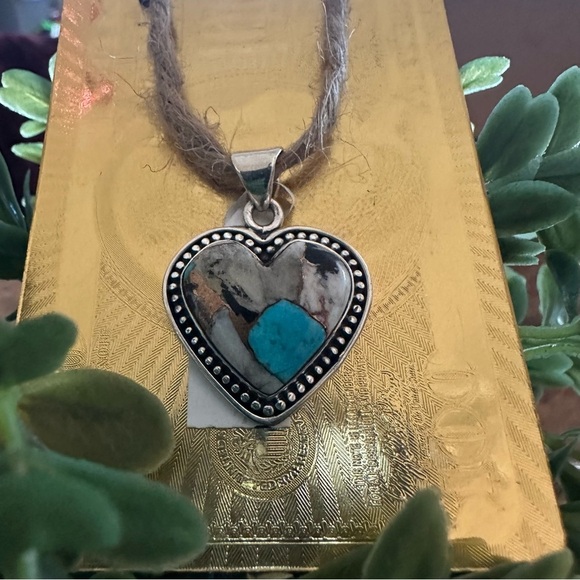 NWT Heart-Shaped Sterling Silver 925 Pendant with Turquoise and Marble Matrix - Picture 2 of 10